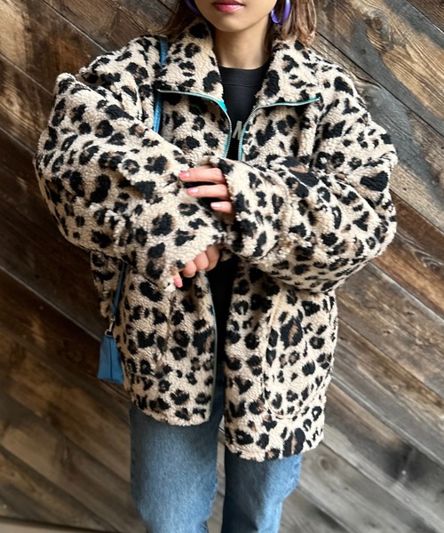 mi via loca ジャケット ブルゾン 配色ZIPレオパード柄ボアジャケット