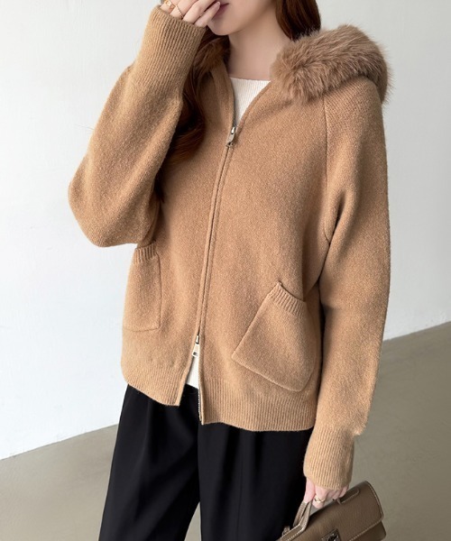 COCOMOMO パーカー ファー付きダブルジップパーカー ニットパーカー