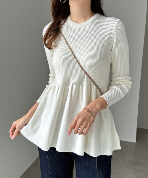 andme（アンドミー） ニット セーター 無地ボーダーペプラムフレア