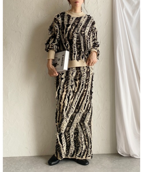 She's Closet セットアップ ウェーブ柄長袖ミックスフリンジジャガード