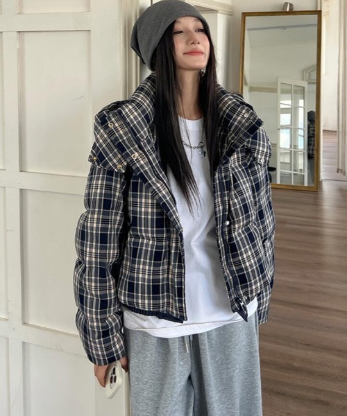 ダウンコート ダウンジャケット チェック柄 フード付きショートダウン