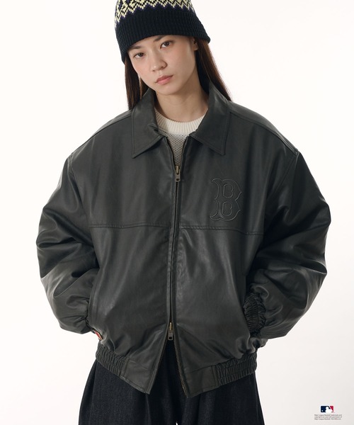 Perushu ブルゾン アウター × MLB パッチワーク刺繍ロゴ合成皮革中綿