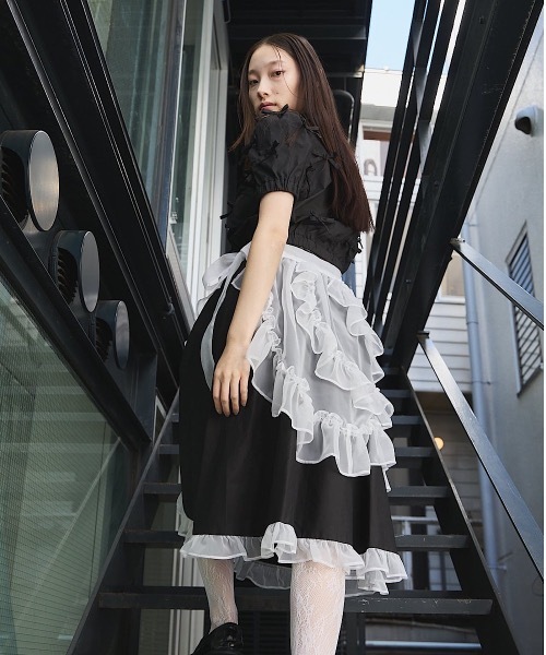 Pain スカート 2wayエプロンフリルシャツロングスカート「セットアップ