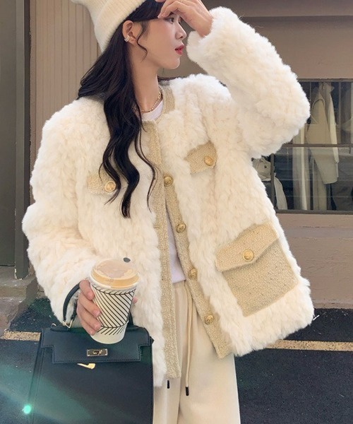 shoppinggo セットアップ 中綿ツイードジャケット ボアジャケット 千鳥