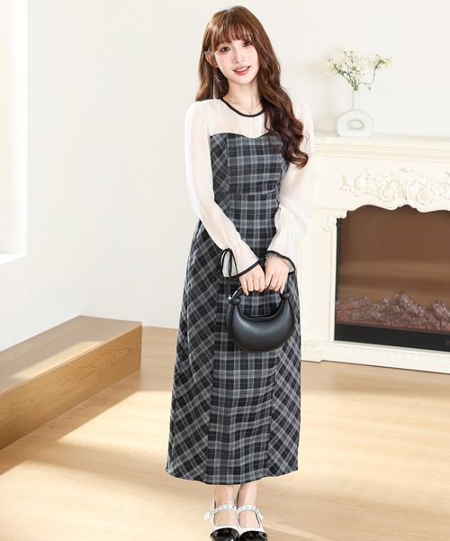 Anely ワンピース 配色 チェック柄 ドッキング ロング ワンピース