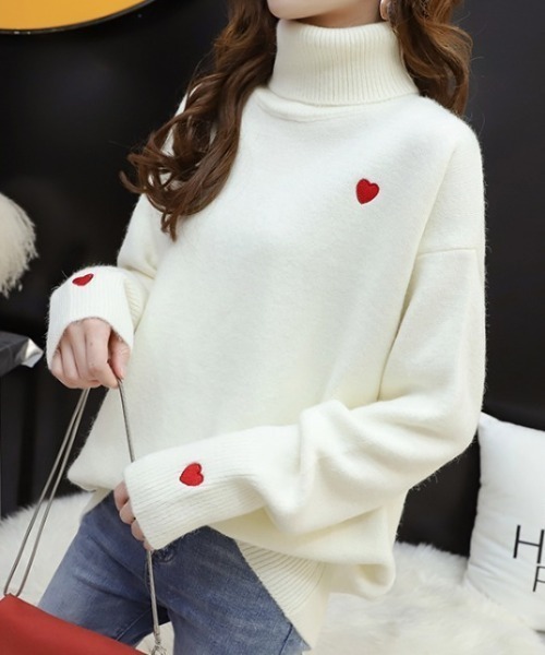 deux amour ニット セーター ハート刺繍タートルネックプルオーバー