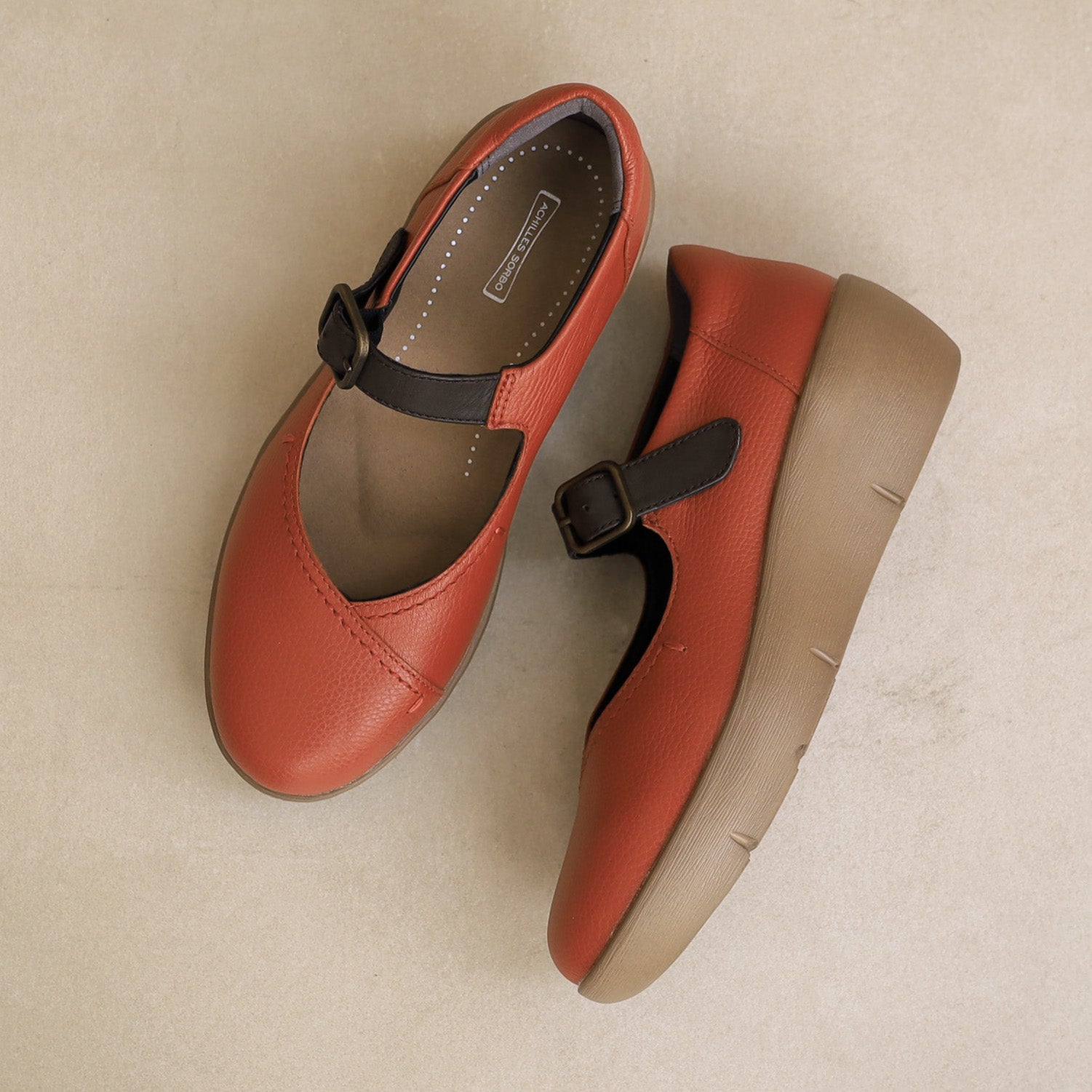 アキレス・ソルボ H 590 レンガ/コーヒー｜牛革3E 厚底ストラップシューズ