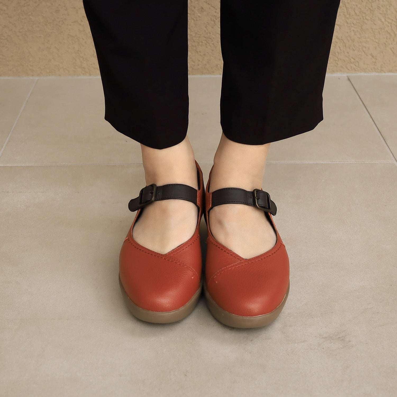 アキレス・ソルボ H 590 レンガ/コーヒー｜牛革3E 厚底ストラップシューズ