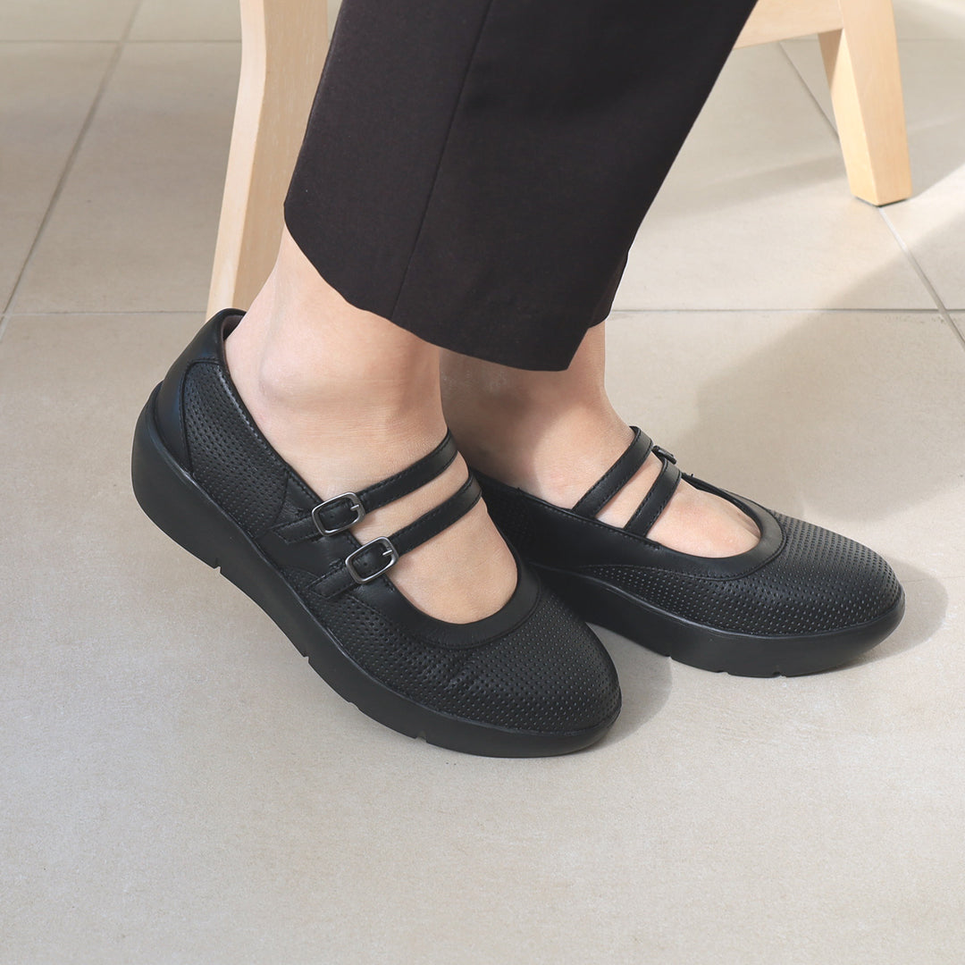 アキレス・ソルボ H 605 黒｜牛革3E 厚底ダブルストラップシューズ