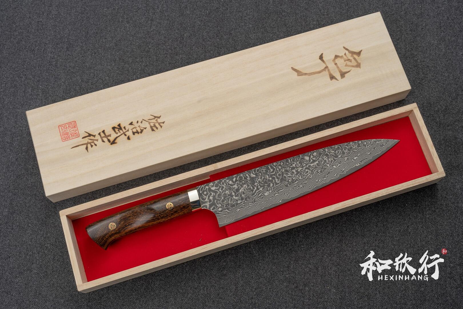 佐治作Takeshi Saji｜粉末鋼R2 黑染大馬士革牛刀210mm｜沙漠鐵木柄・附