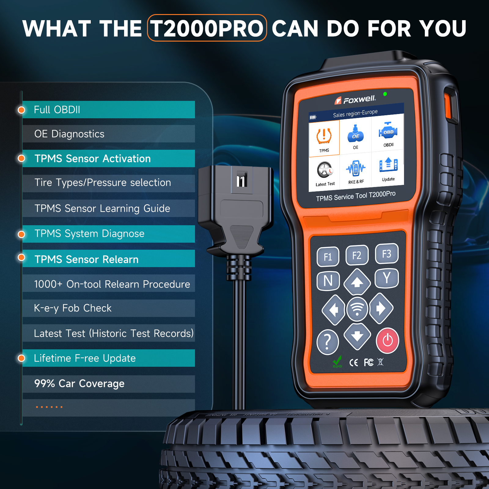 FOXWELL T2000 PRO Auto Tire Pressure TPMS Relearn Activate Sensors