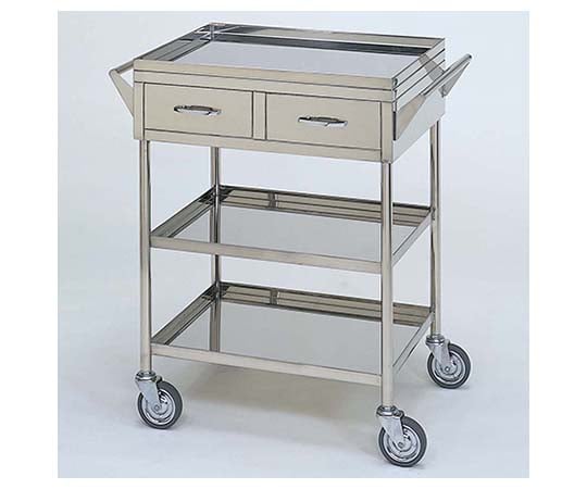 62-2715-03 ステンレスワゴン 回診車M (立上) 引出2個付 3段 ｽﾃﾝﾚｽﾜｺﾞﾝ