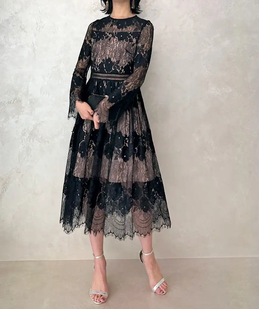 ラッシュレースロングスリーブベージュコントラストロングドレス