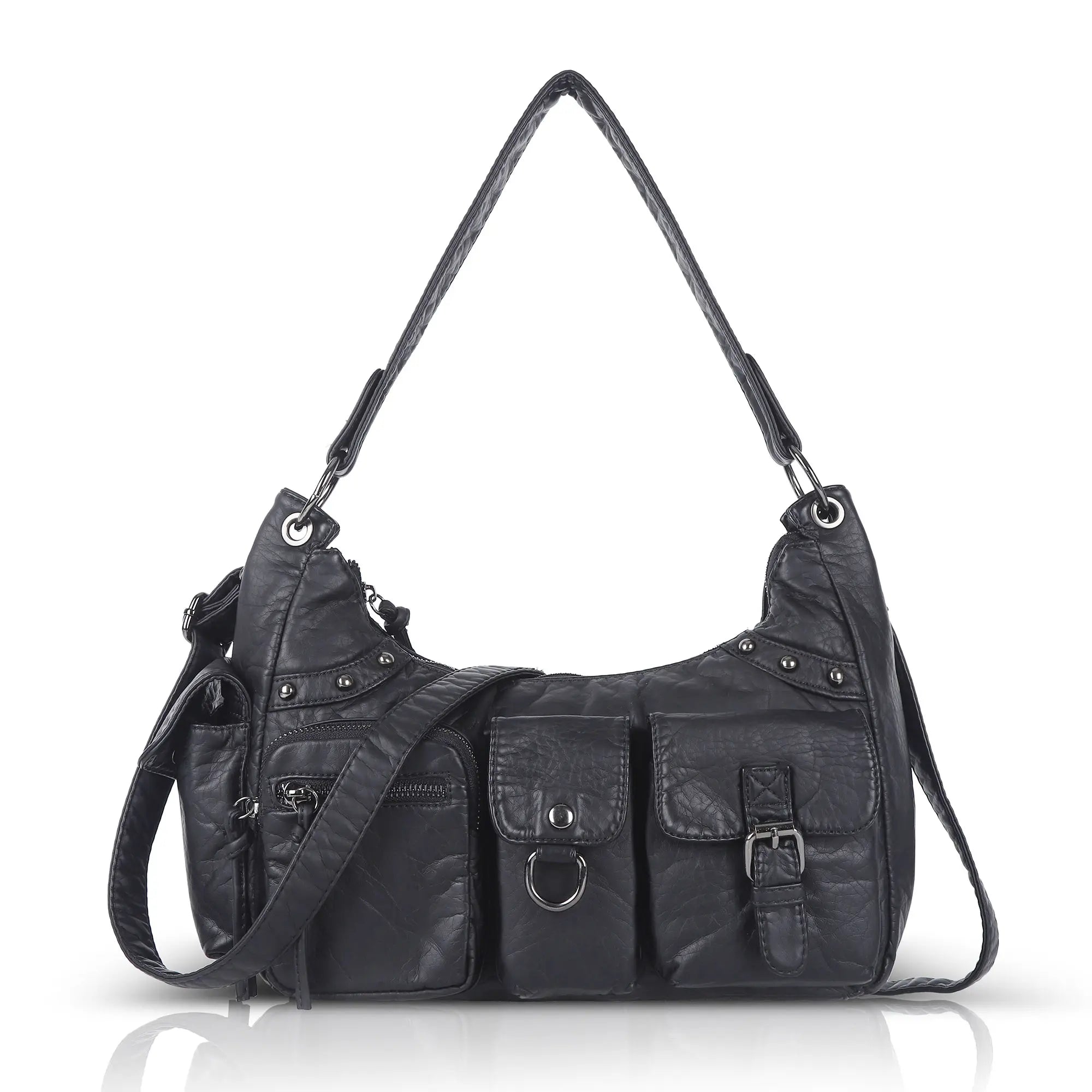 Vintage-Inspired Vegan Leather Shoulder Bag with Multi-Pocket