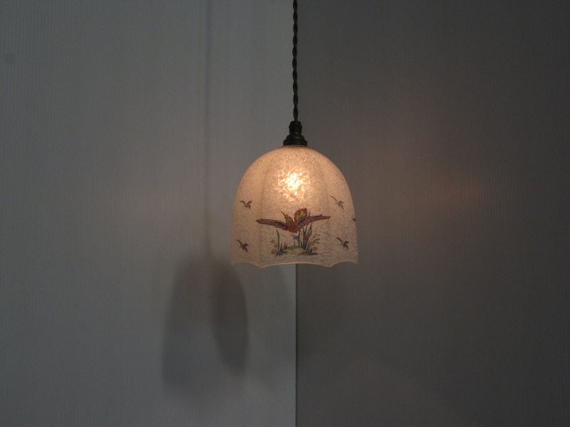 イギリス製 1940年頃のランプシェード 鳥の絵付け（4月06日