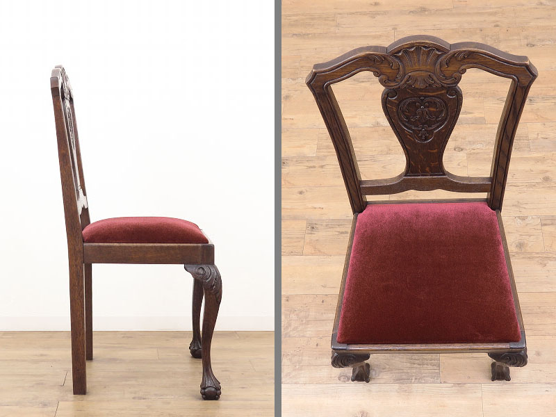 寄木づくりの天板とエレガントな彫刻が美しいテーブルと椅子4脚の