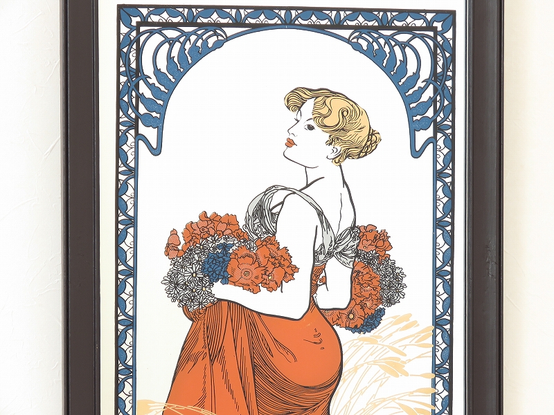 ミュシャの「四季（春・夏・秋・冬）」4枚セットの古い壁掛け鏡