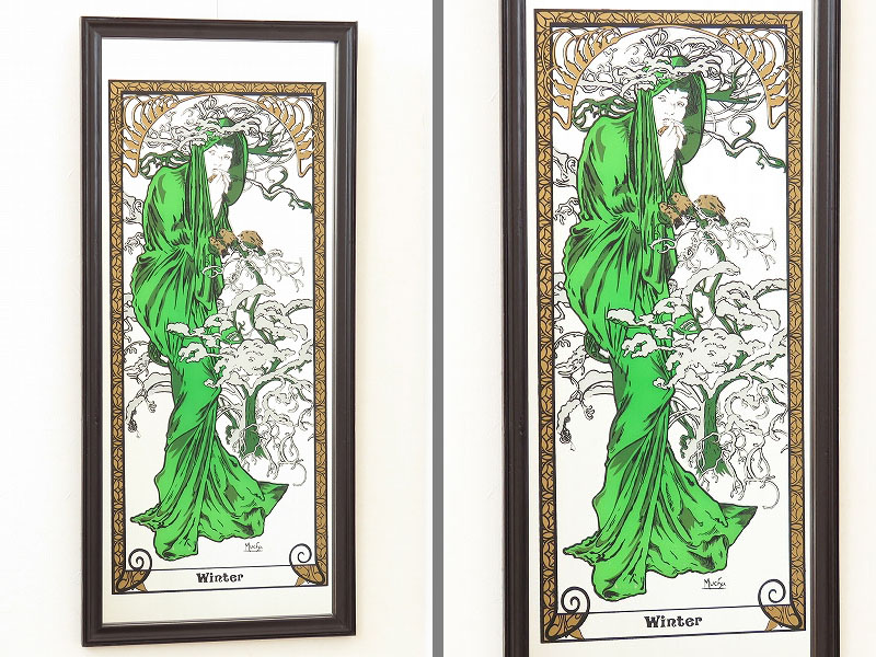 ミュシャの「四季（春・夏・秋・冬）」4枚セットの古い壁掛け鏡