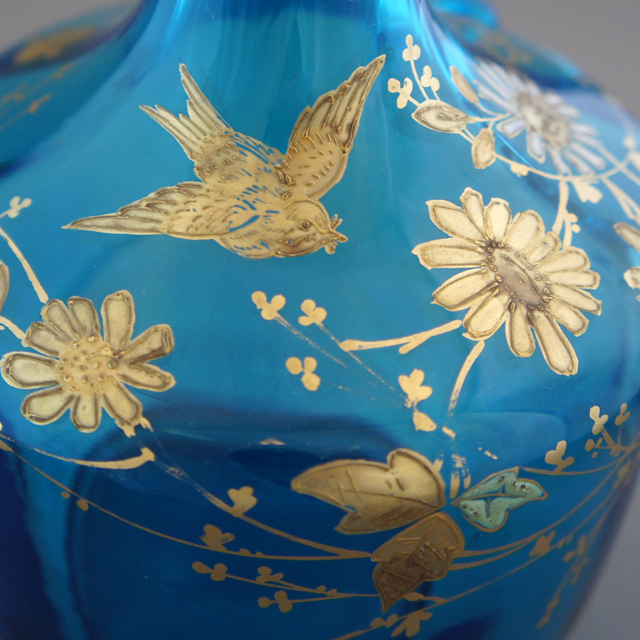 オールドバカラ「青色ガラス 花鳥文 ナイトセット」《アンティックかとう》