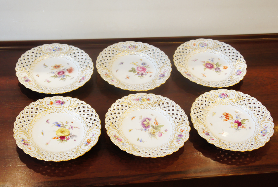 マイセン「花文様 透かし装飾絵皿6客組」《アンティックかとう》
