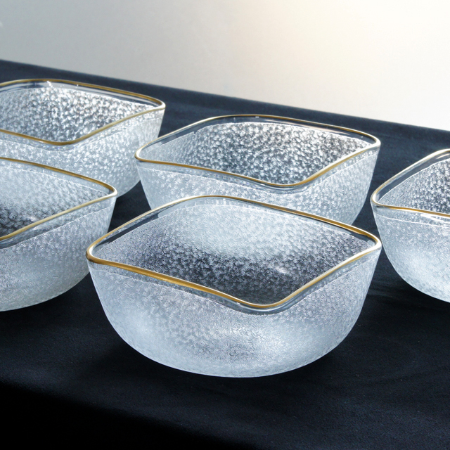 オールドバカラ「波間 地文様 角鉢 5客組（縁金彩）」《アンティック