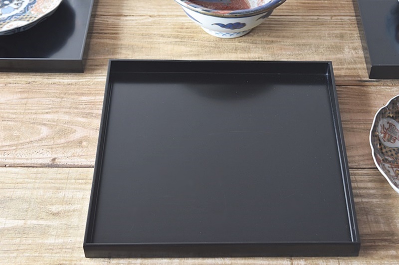 木目の美しい折敷 卓上膳 吹上型 天然木製 黒 漆塗り 5枚セット