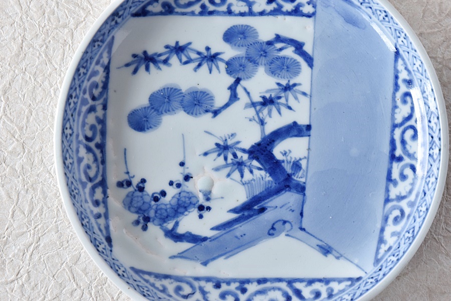 古伊万里 染付 逆蛸 逆蛸唐草 折紙松竹梅 中皿 - 生活骨董と古布の