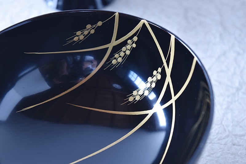 平安象彦 黒漆塗り 稲穂 金蒔絵 吸物椀 5客セット - 生活骨董と古布の