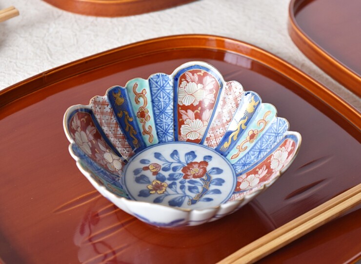 大聖寺伊万里 草花龍 大明萬暦年製文 菊型向付 膾皿 5客セット（内1