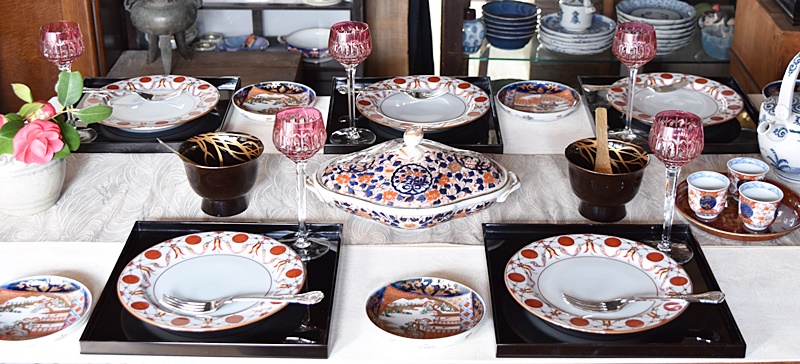 館林源右衛門 赤玉瓔珞文 赤絵瓔珞手 八寸皿 5枚セット - 生活骨董と