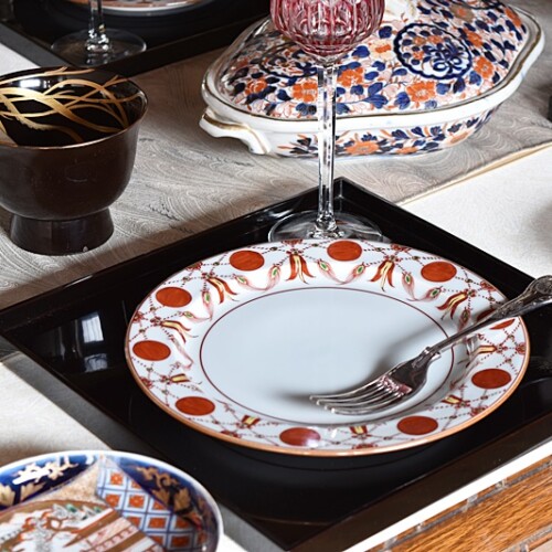 館林源右衛門 赤玉瓔珞文 赤絵瓔珞手 八寸皿 5枚セット - 生活骨董と