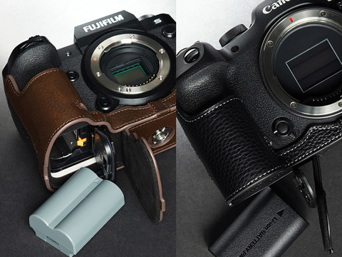 EOS R7」「X-H2S」用のハーフレザーケース。ブラックとダークブラウン