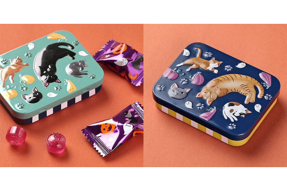 カルディ、エンボス加工のネコたちがかわいい「ハロウィンネコミニ缶