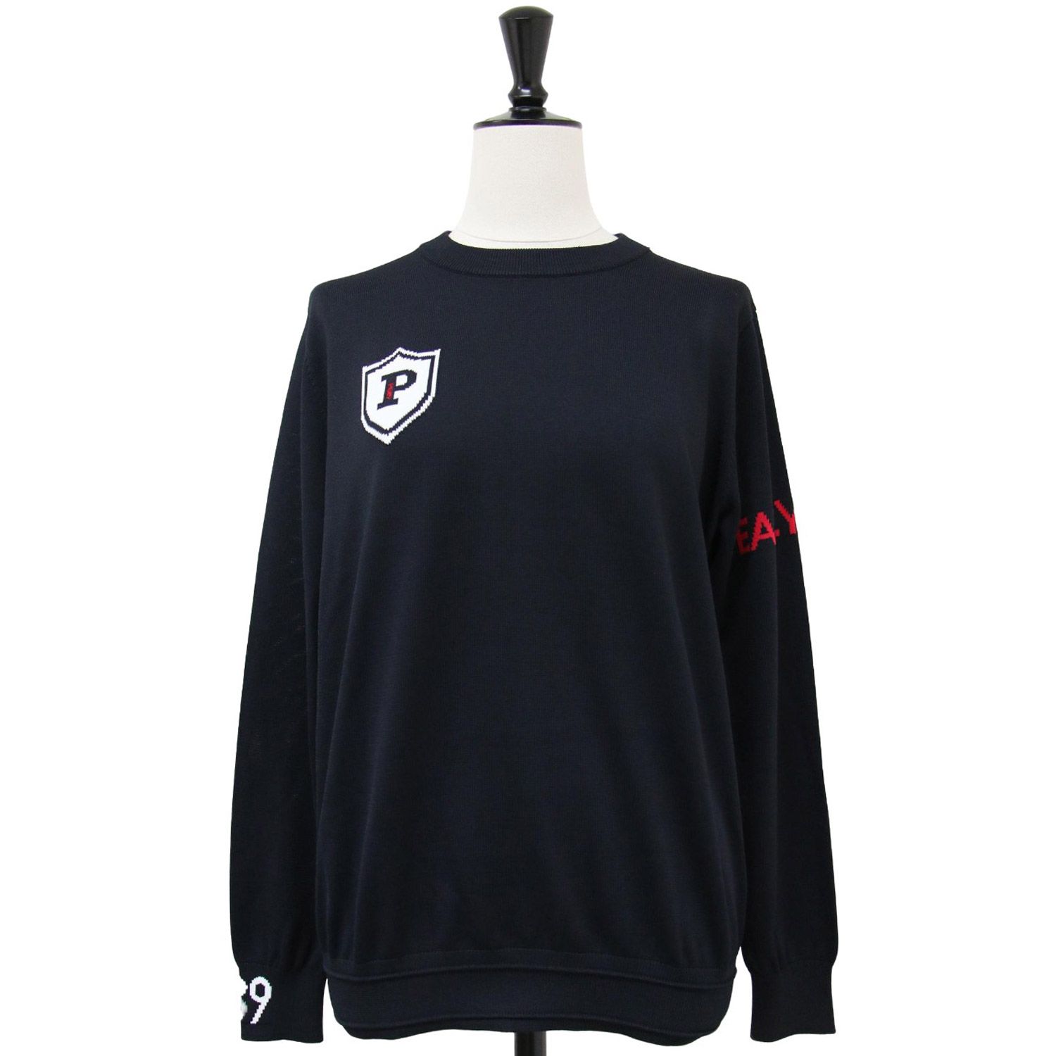 PEARLY GATES ニット ネイビー 紺 サイズ:0(S) エンブレム ロゴ クルー