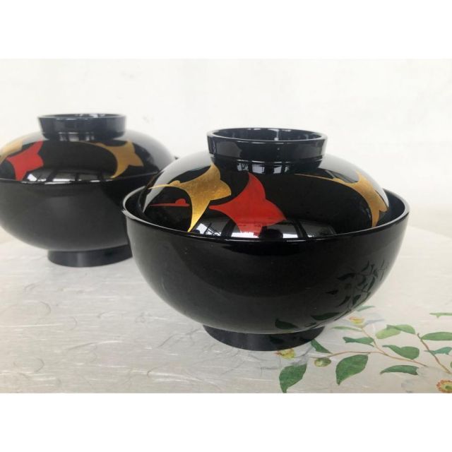 煮物椀 三羽鶴見返し松葉蒔絵 丸型 黒塗 漆塗 5客 在庫整理 雑煮椀 おせち