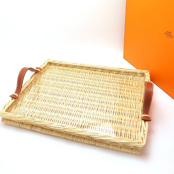HERMES ピクニックトレイ オズレ 天然素材 柳材 ガラス レクタングル