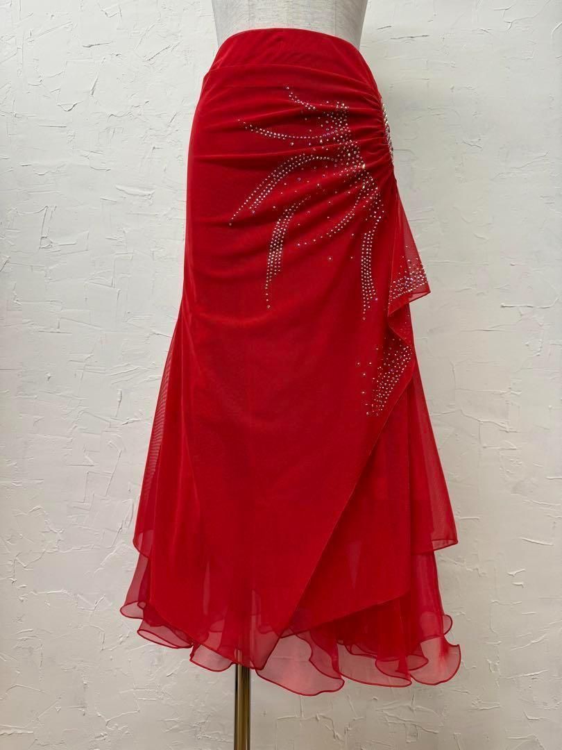 赤 新品 ラインストーン 社交ダンス フレアーデザインスカートd035