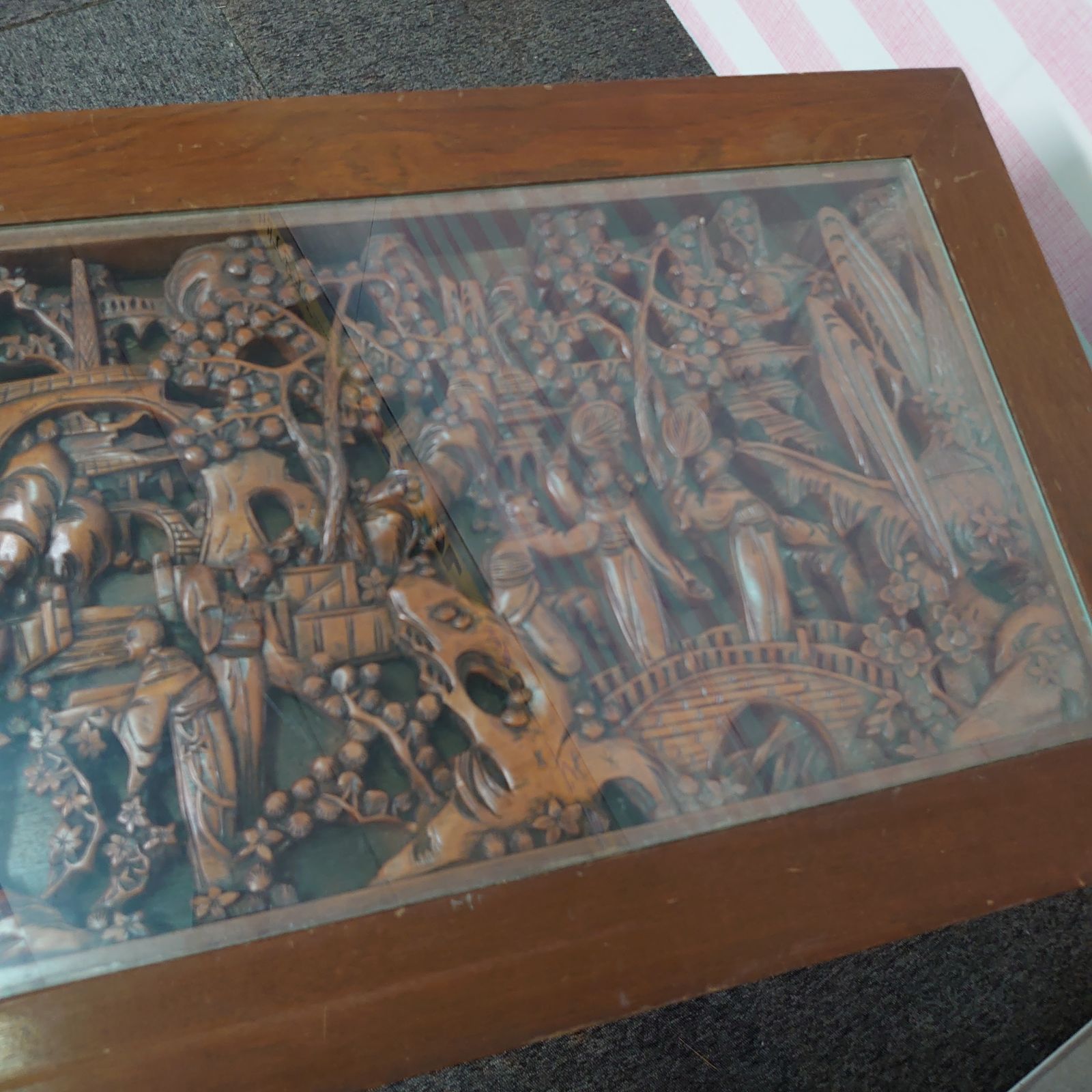 希少 ローテーブル センター テーブル 木彫り 彫刻 ガラステーブル
