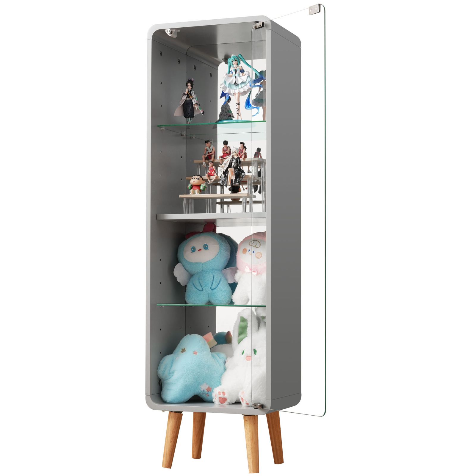 ガラスディスプレイキャビネット 4段 高さ調節可能 背面ミラー付き