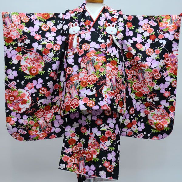 七五三 三歳 女児 被布着物フルセット 黒色 うさぎ 3歳 3才 三才