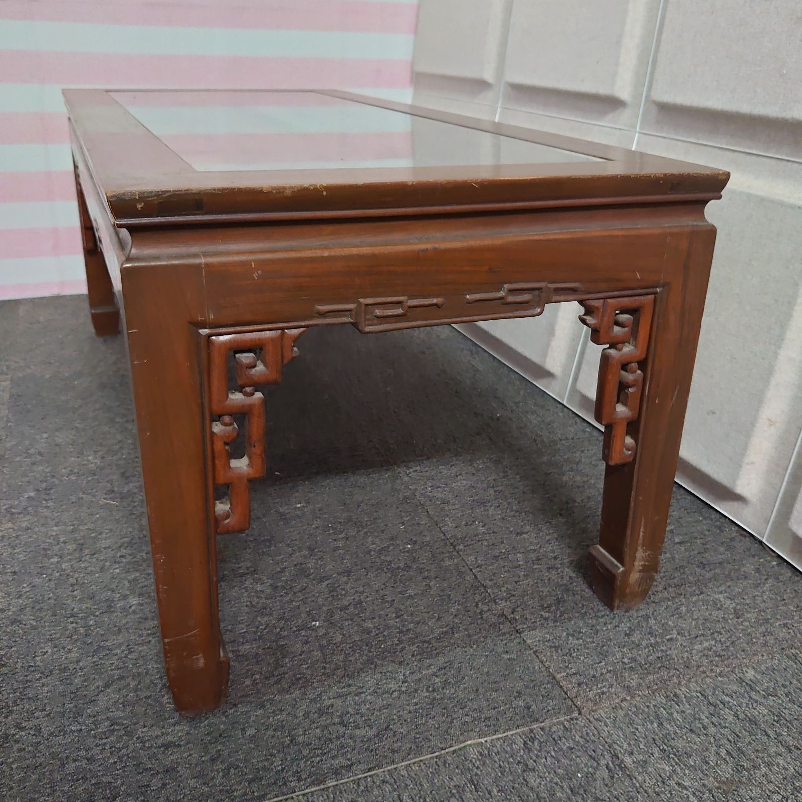 希少 ローテーブル センター テーブル 木彫り 彫刻 ガラステーブル