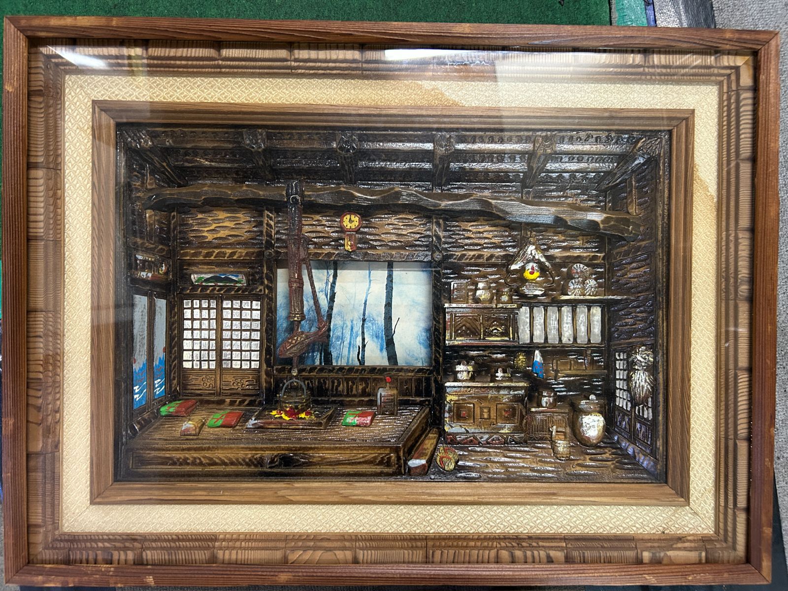 木彫古民家立体額 古民家 囲炉裏民芸品 工芸 装飾 壁掛け 遠近額 昭和