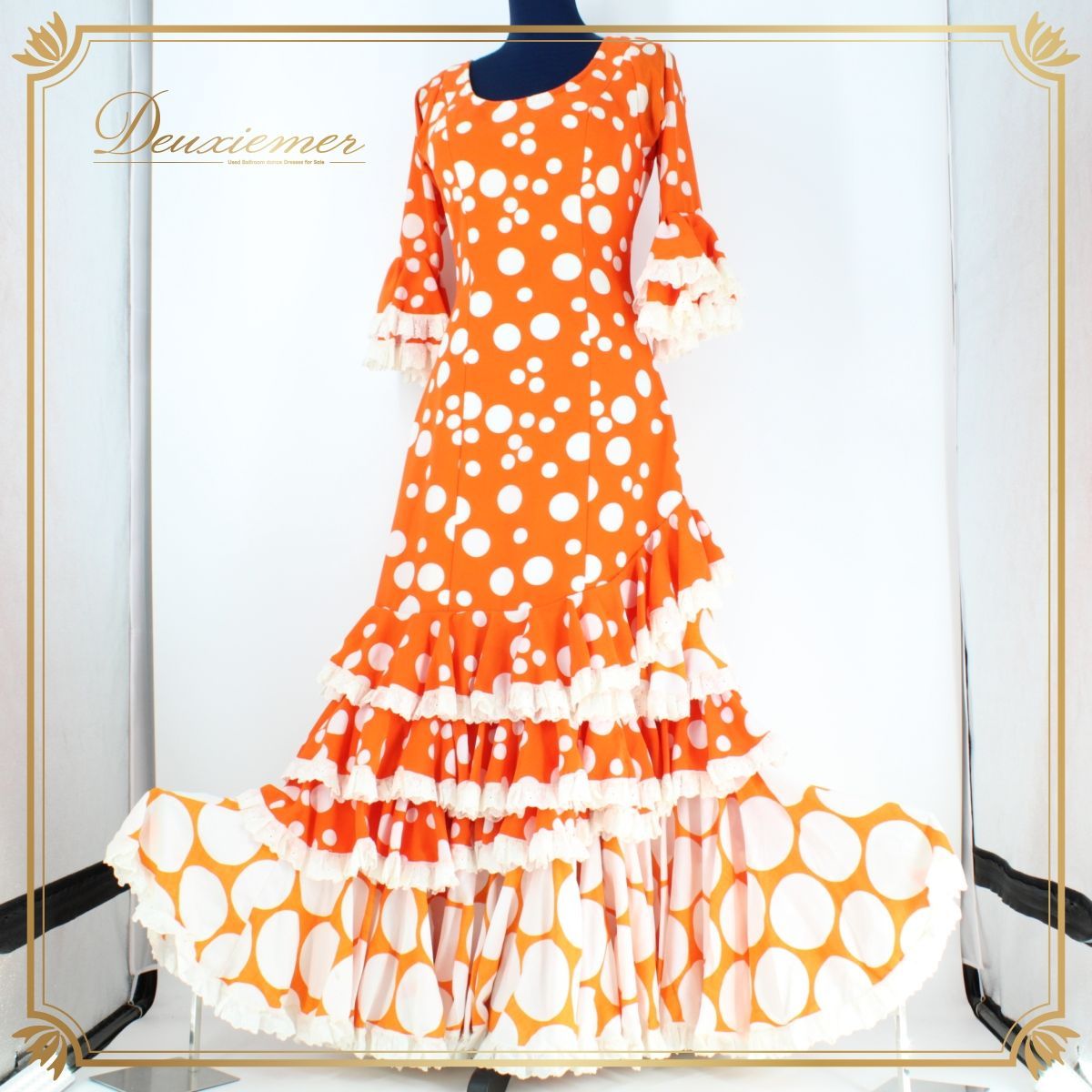 フラメンコ衣装】オレンジ ワンピース ドレス ボランテ フリル レース