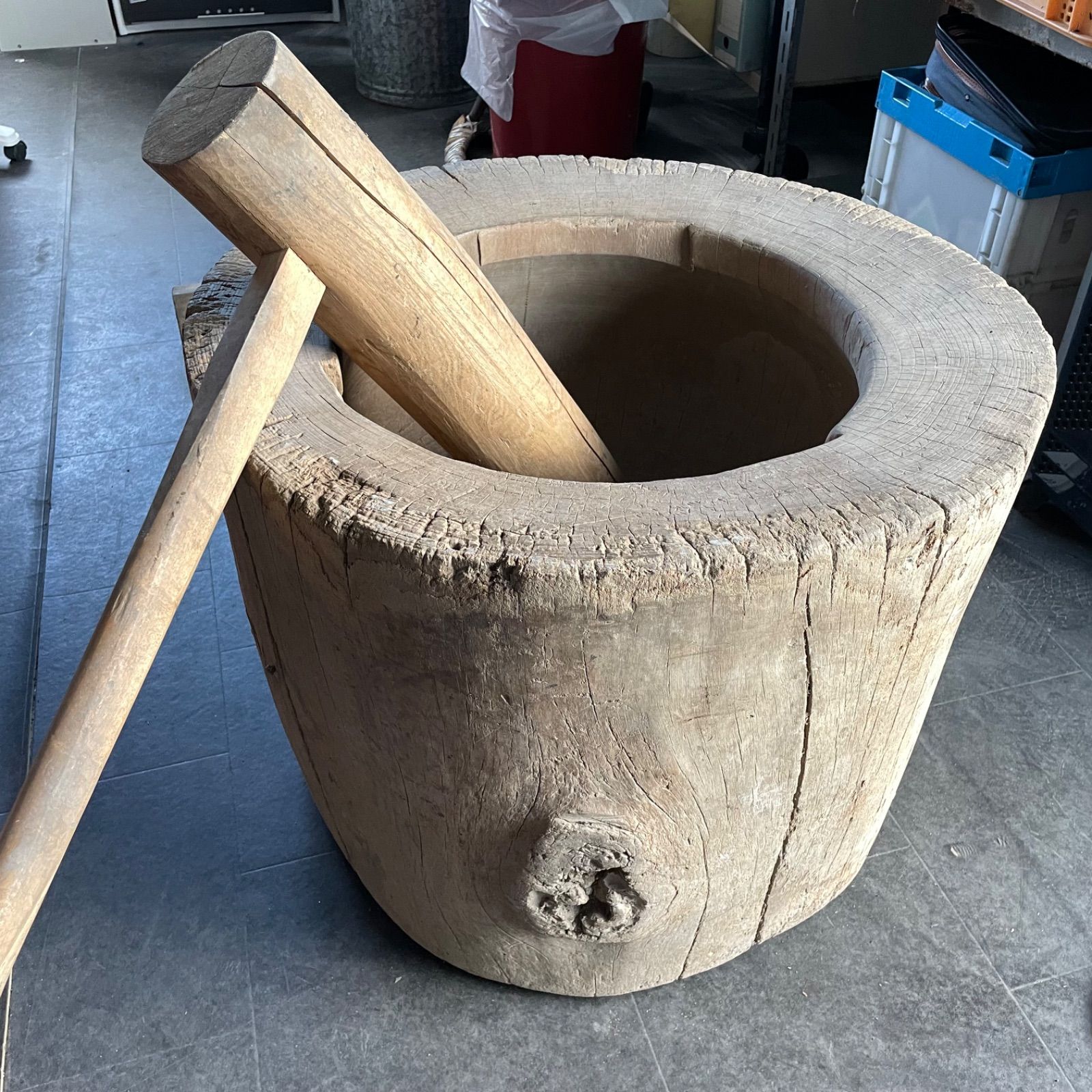 ♭ 引取り歓迎山梨 木製 臼 杵 セット 餅つき 正月 昭和レトロ