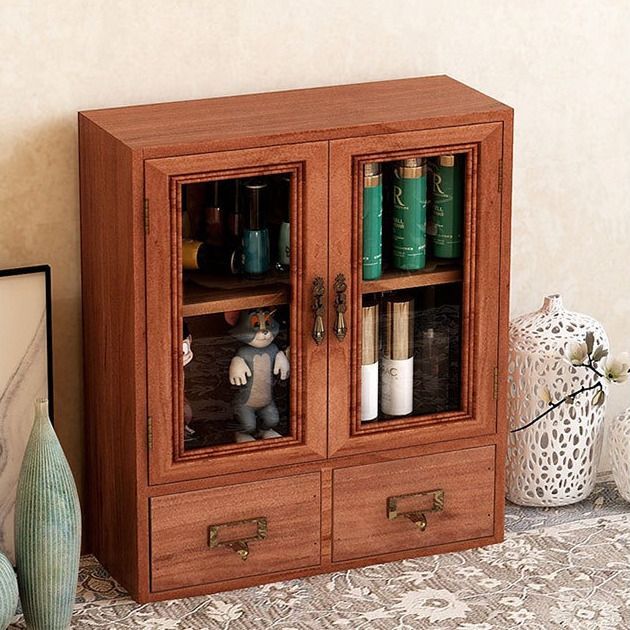 卓上 ガラスキャビネット 両開き 収納ケース 引き出し付き 木製 ガラス