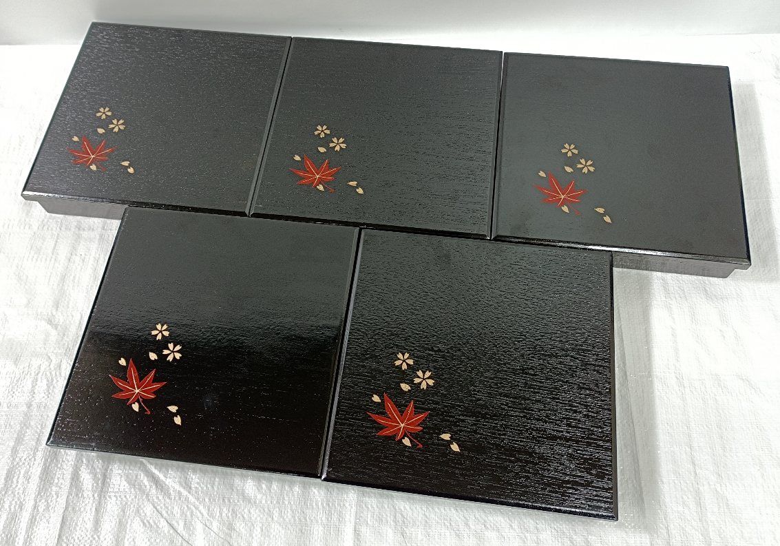松花堂 木製漆器 セール 金彩桜紅葉紋弁当箱 仕切り付 5客セット