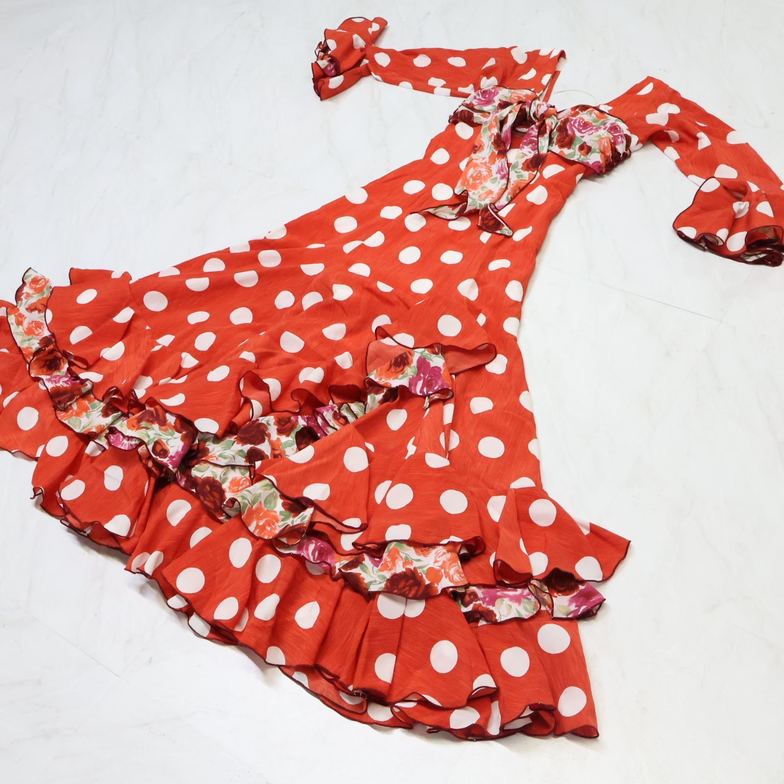 スペイン製 フラメンコ衣装】レッド ワンピース ドレス 赤 ドット 水玉