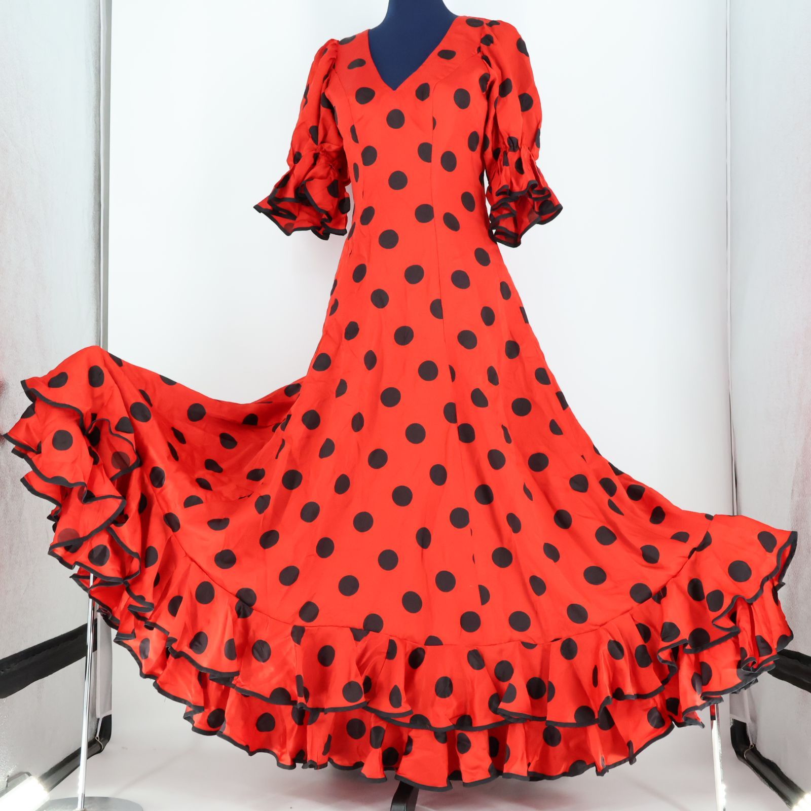 フラメンコ衣装】レッド ワンピース ドレス 赤 黒 ブラック ドット