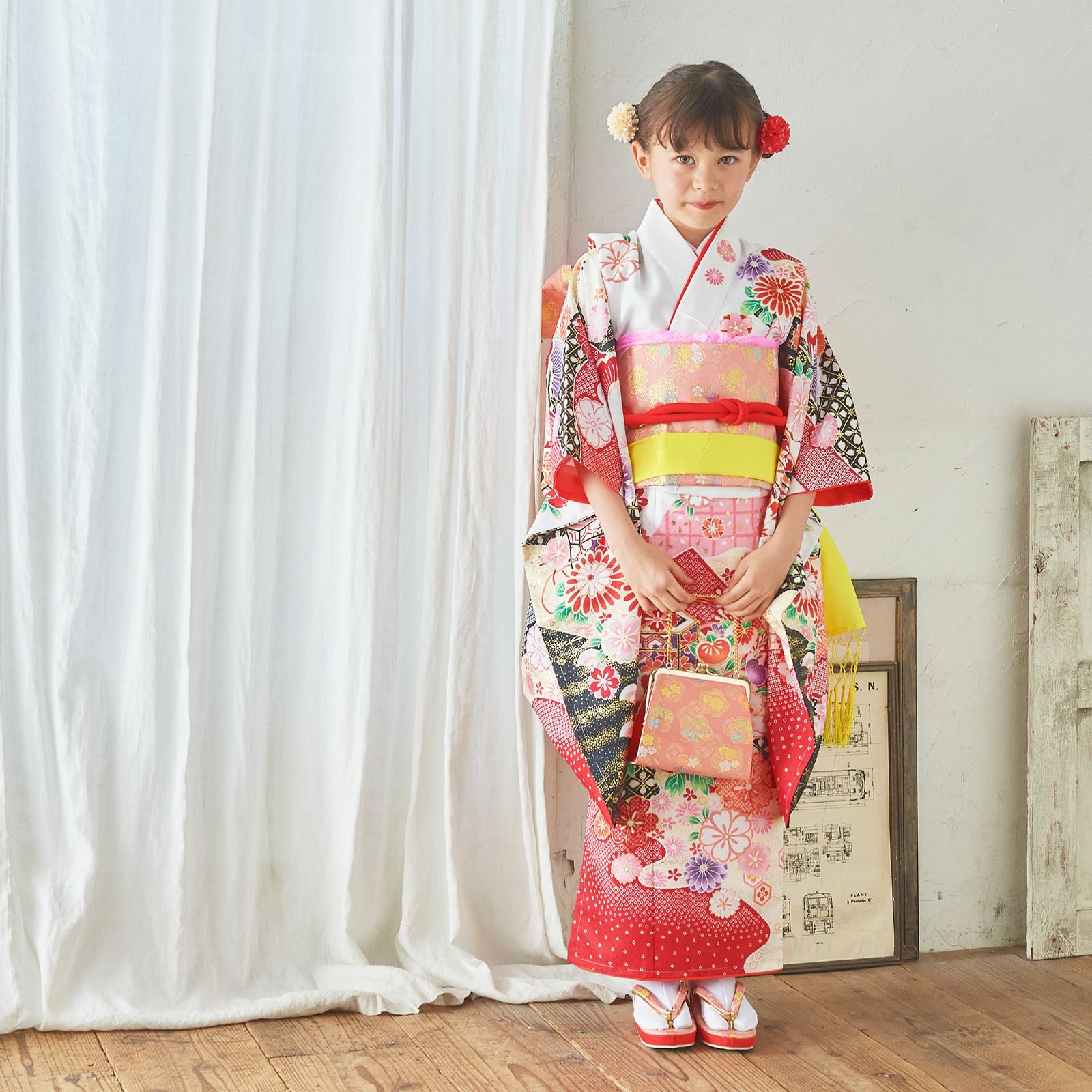 七五三 女の子 7歳 四つ身 着物 帯 筥迫 フルセット 古典 白 BY10-1