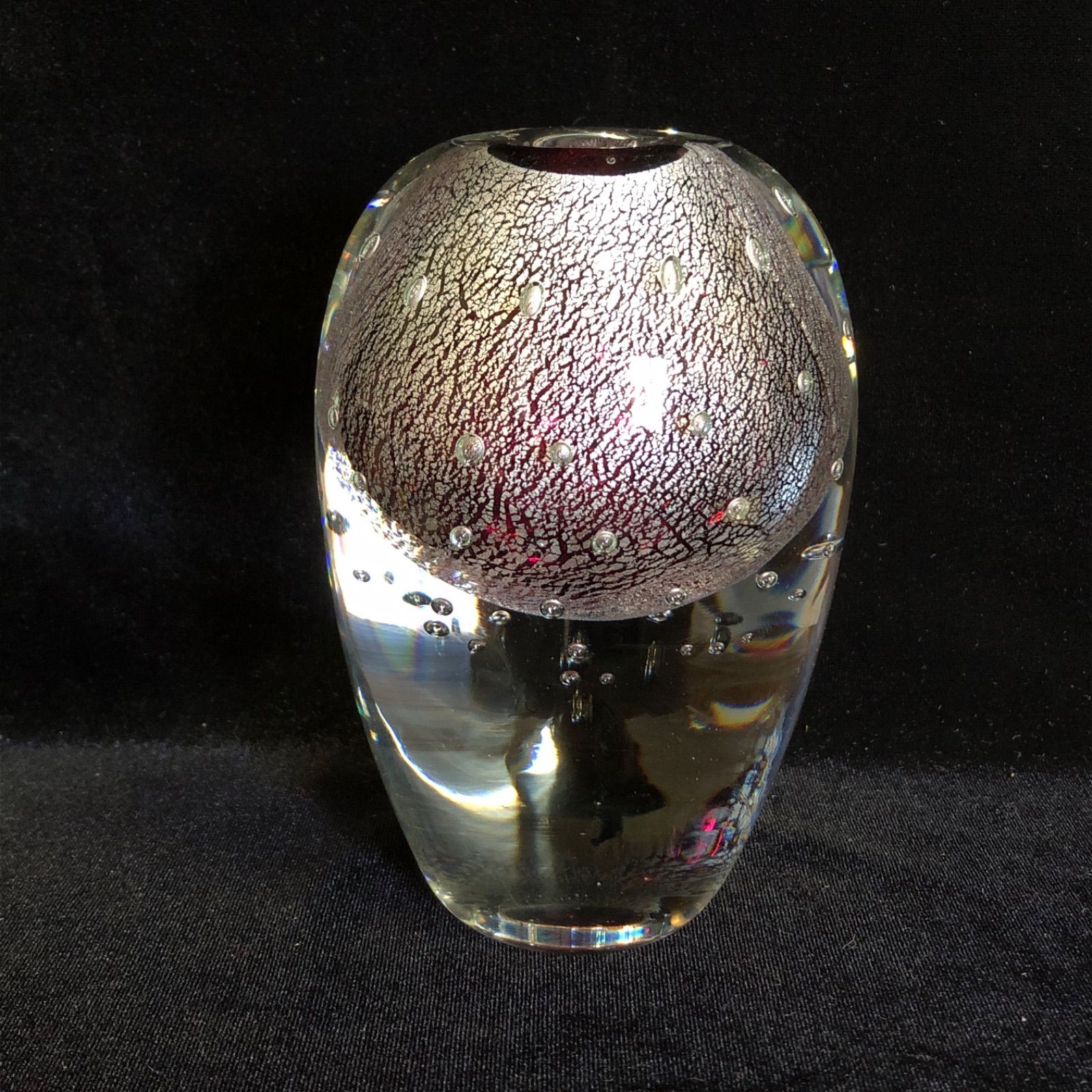 希少 黒木国昭 宙吹きガラス 銀彩気泡 花瓶 クリア 赤 一輪挿し 作家物